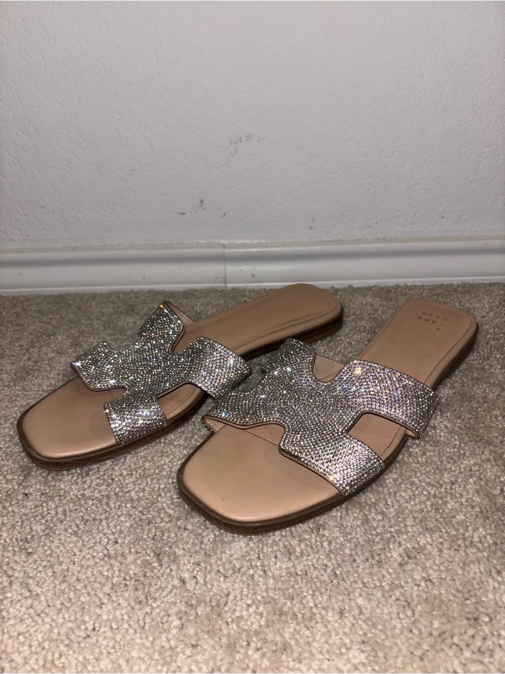 a new day Rhinestone Embellished Slide Sandals in Metallic Rose
